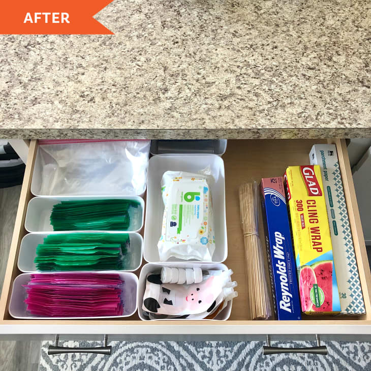 After: drawer with plastic organization containers