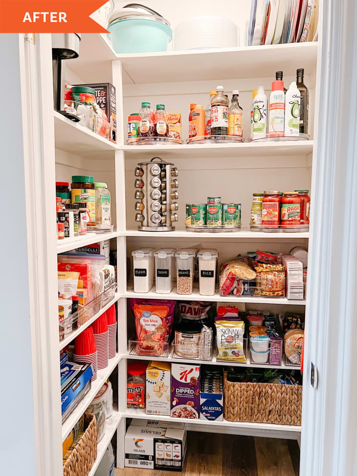 After: a white pantry with lots of shelves and organizers and bins