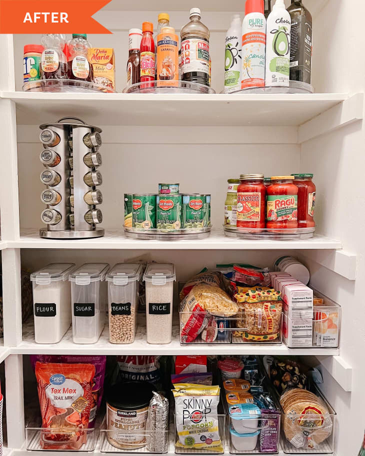 After: four shelves in a white pantry with labeled containers and plastic bins to organize food