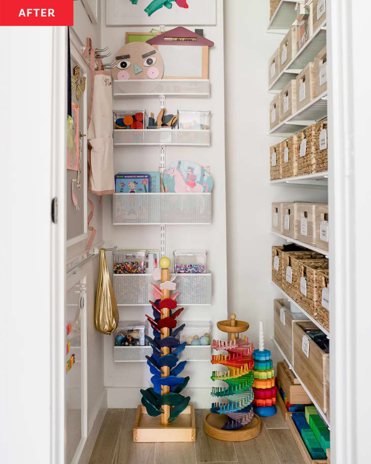 After: A toy closet with baskets on shelves and wire containers on a wall