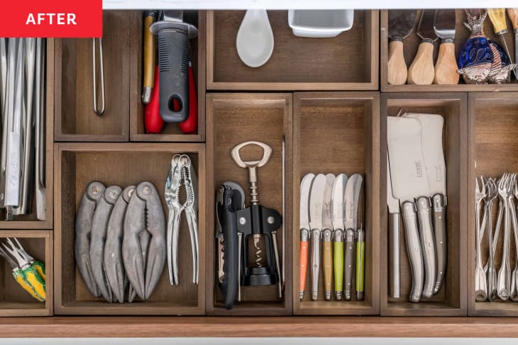 After: a drawer of organized utensils and tools