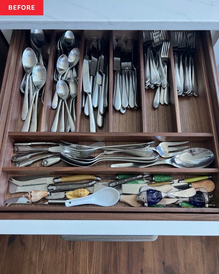 Before: a drawer of silverware, unorganized