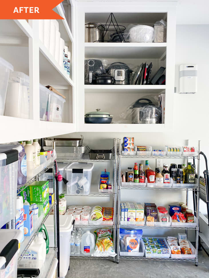 After: items organized on white shelves and metal shelves
