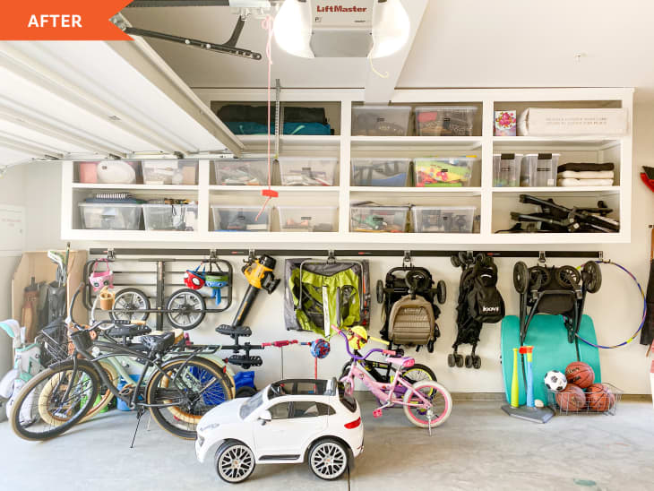 After: a garage with kids toys, bikes, and plastic bins on shelves