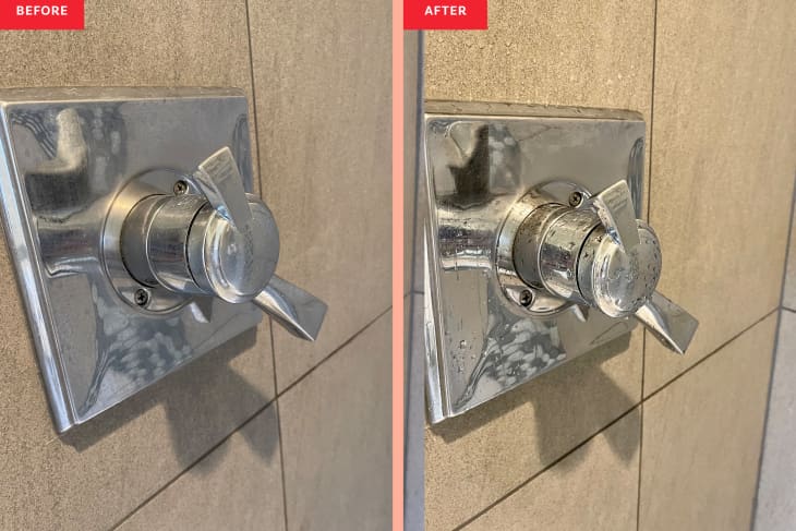 Before and after photos of a shower faucet handle