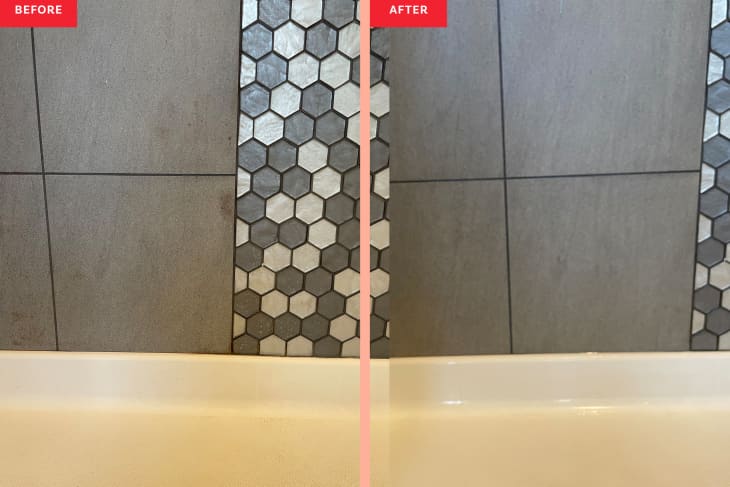 Before and after photos of shower tiles