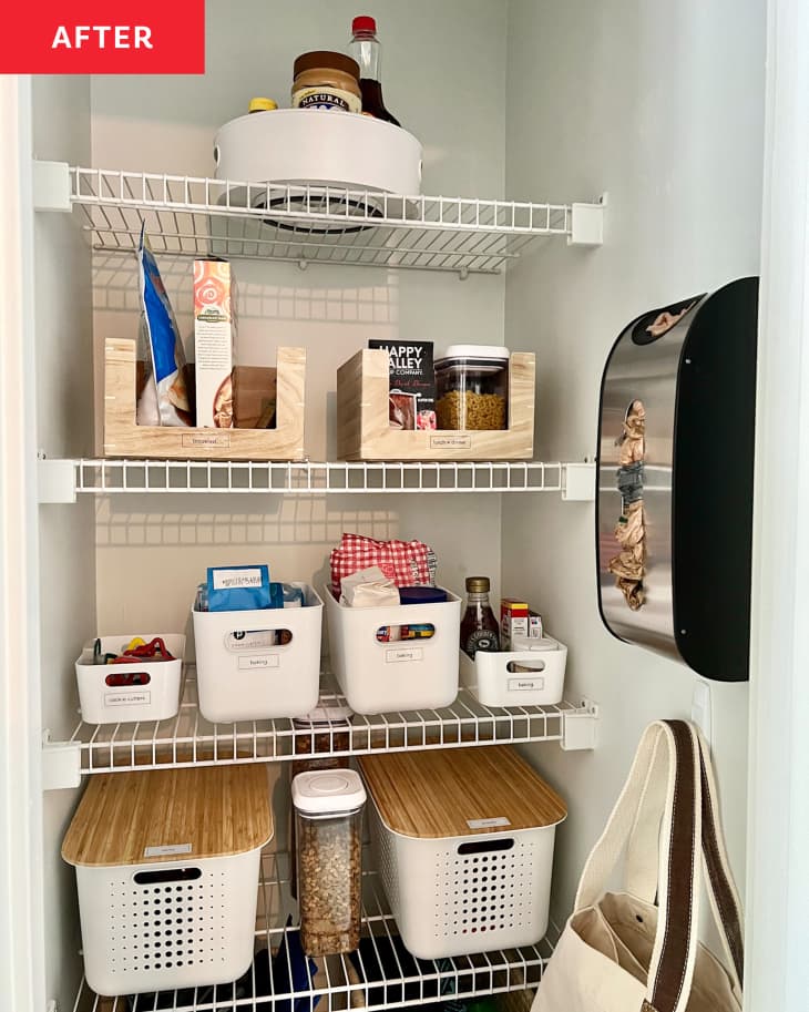 After: a white wire pantry with food in white bins