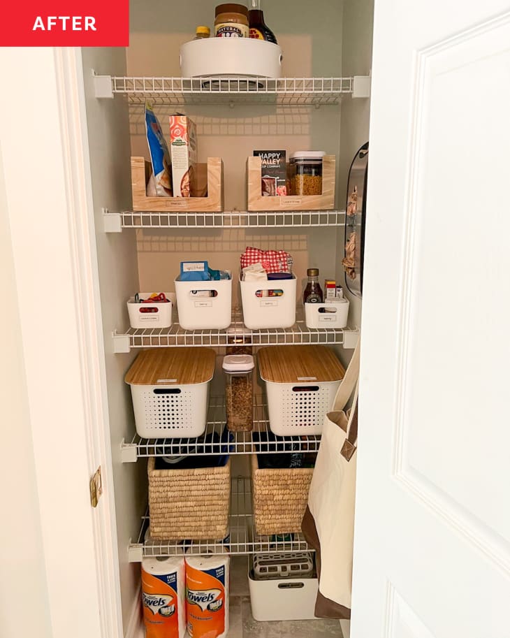 After: the full view of a pantry with food in bins on shelves