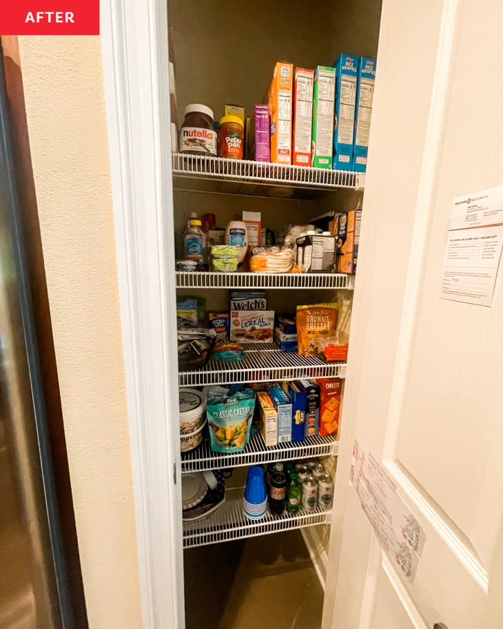 After: an open white pantry with wire shelves and organized food items