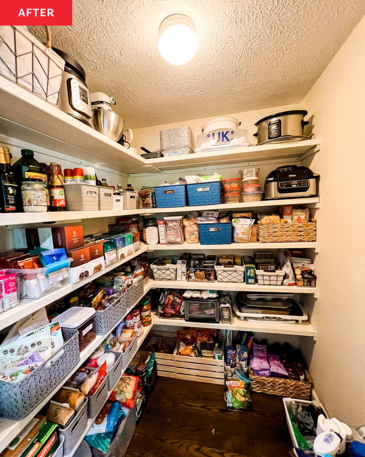 After: a large room filled with organized food on shelves