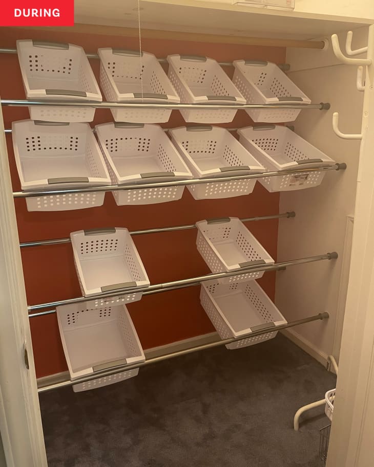Photo of bins in Lauren Schopen's closet during organization project.