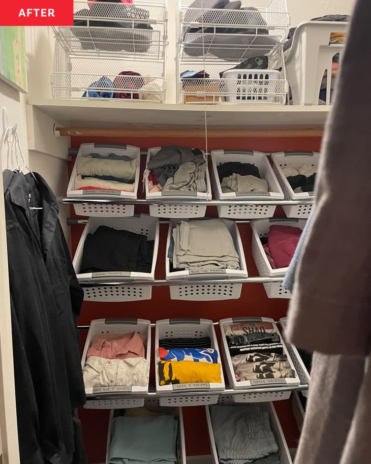 After photo of Lauren Schopen's organized closet with bins.