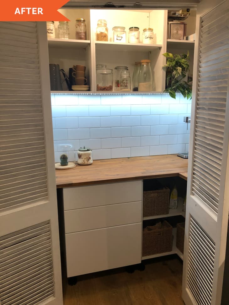 After: two white doors open to reveal a counter space with shelves above and below