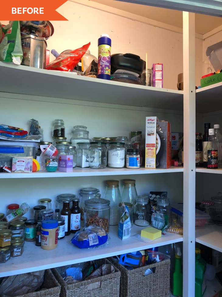 Before: a white pantry with food supplies on multiple shelves