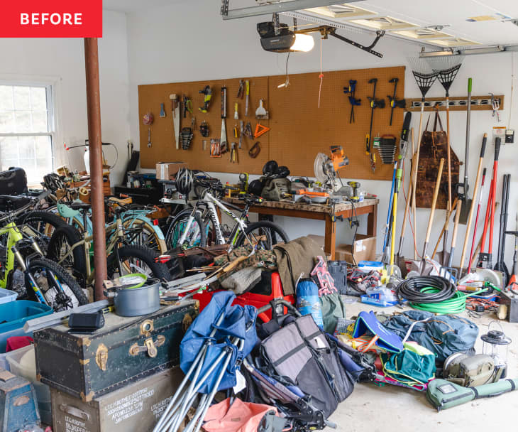 Before: chairs, trunks, and other objects clumped together on a garage floor