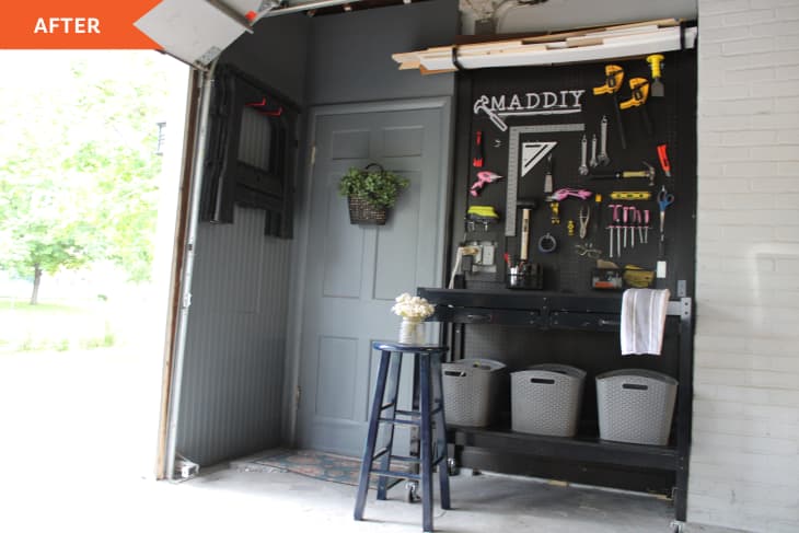 After: a black wall with tools hung up that says "MADDIY" in the corner of a garage