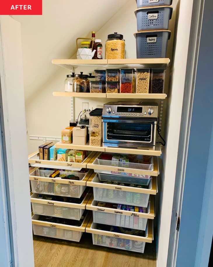 After: an organized pantry with drawers and bins