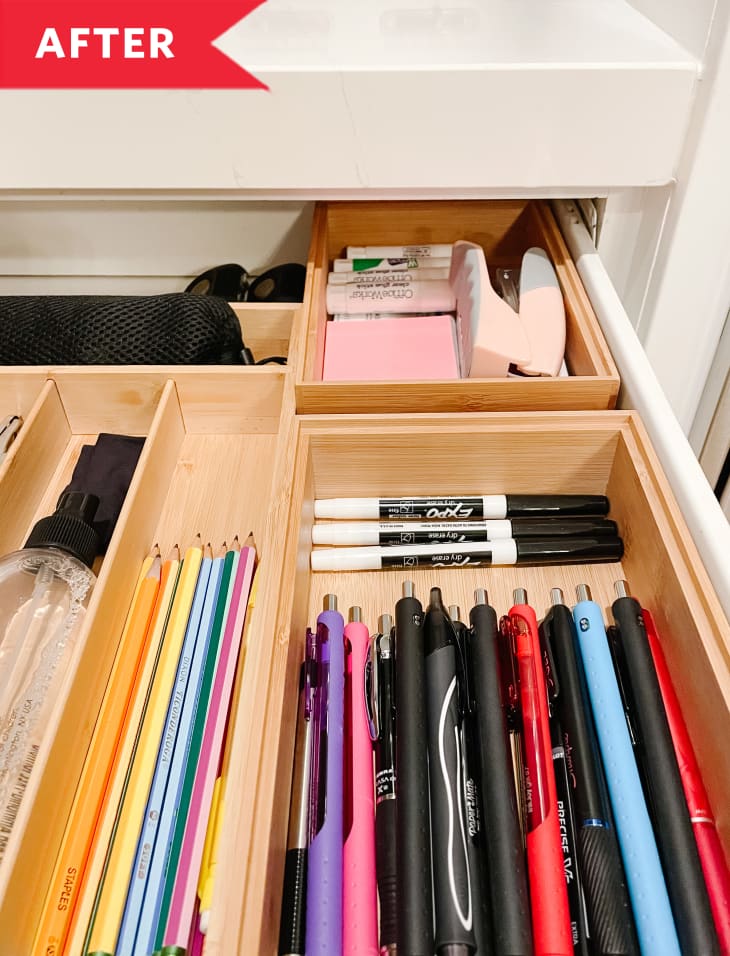 After: Organized drawer holding pens, colored pencils, and dry-erase markers