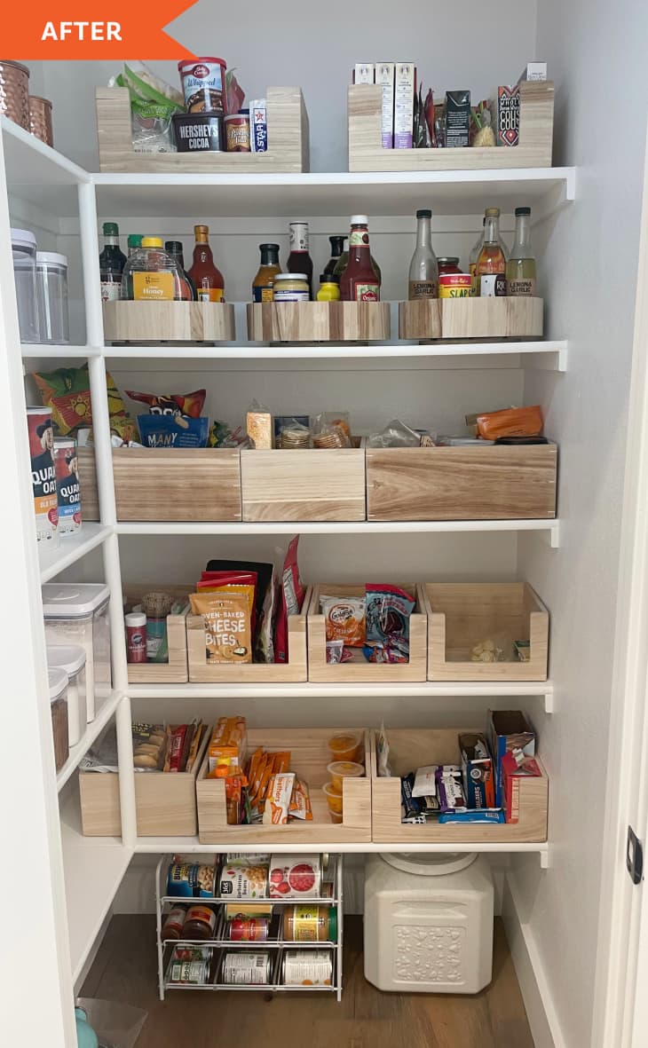 After: a clean, organized white pantry with five shelves