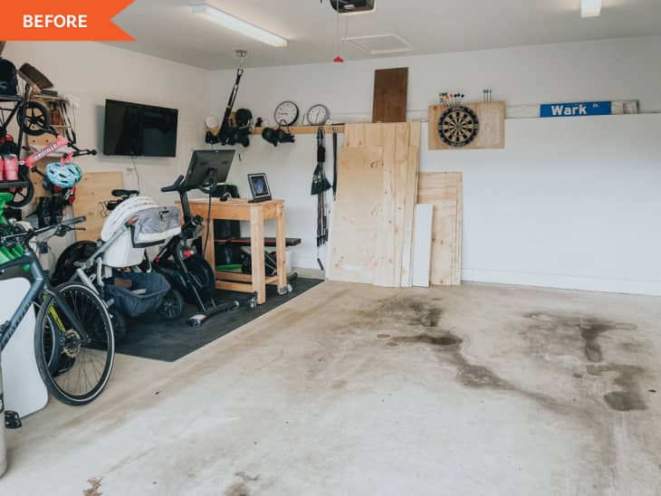 Before: bikes and tv crowded in garage