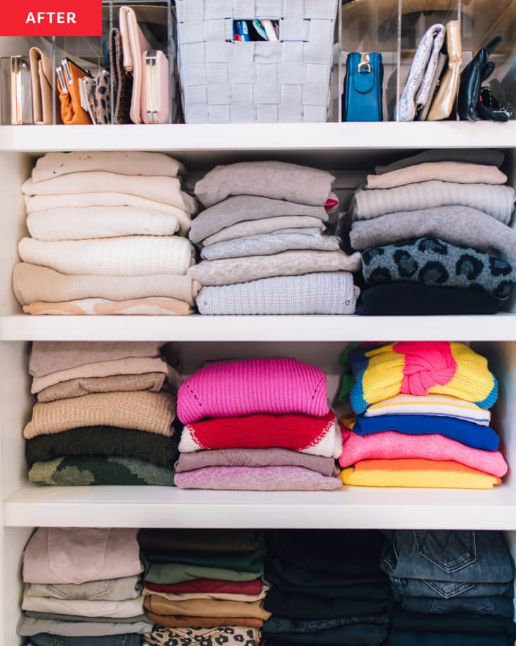 After: an organized closet shelf with clothes neatly folded
