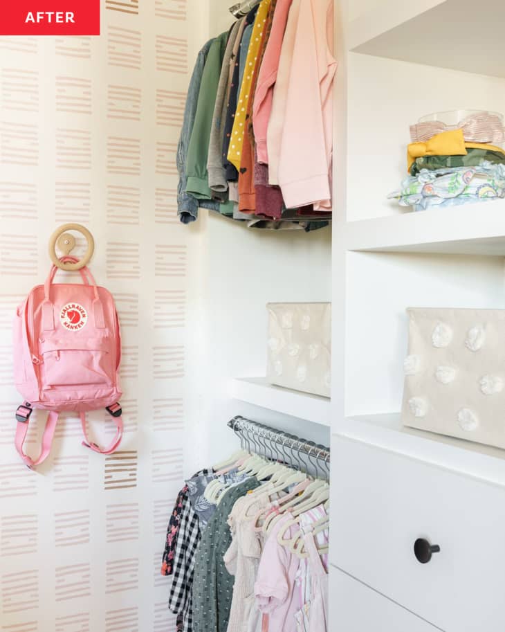 After: a closet with a pink backpack hanging on the wall and two rows of clothes hanging