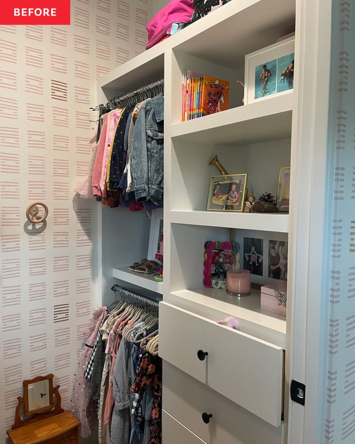 Before: a closet with a white shelving unit holding toys and pictures