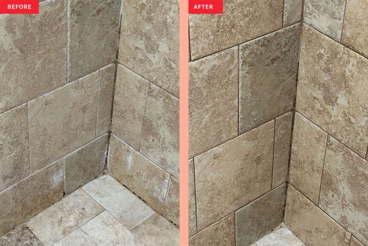 Diptych of shower before and after using set and forget cleaner.