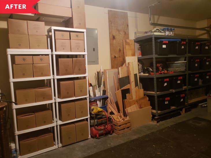 After: Organized garage with shelving holding storage boxes