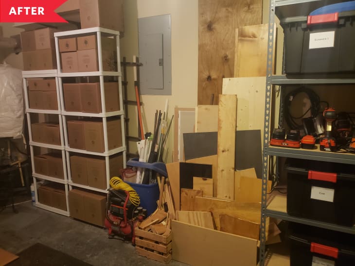After: Two organized shelves with miscellaneous wood scraps between them