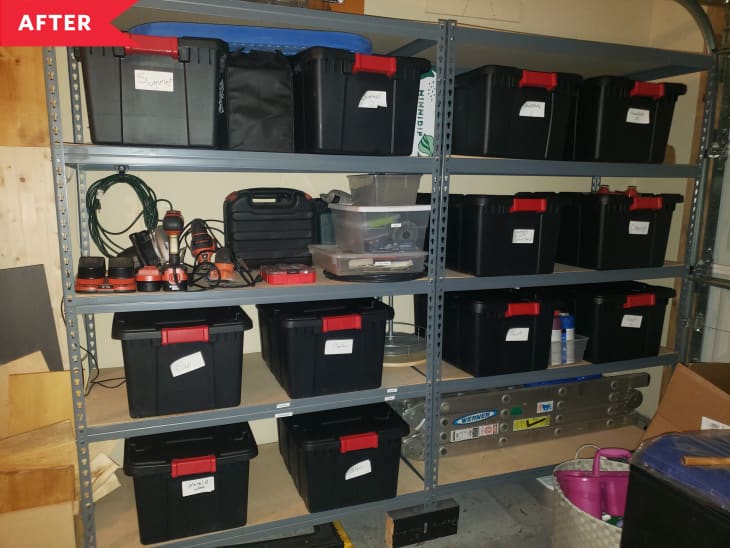 After: Labeled black storage bins on steel shelving