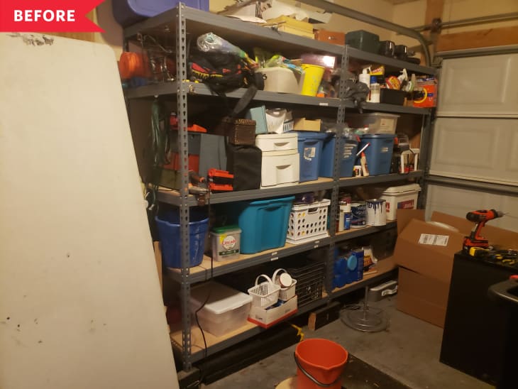 Before: Disorganized belongings on garage shelf