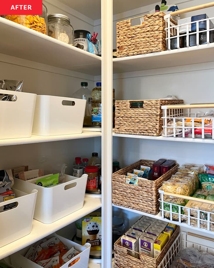 After pantry has been organized with baskets and bins.