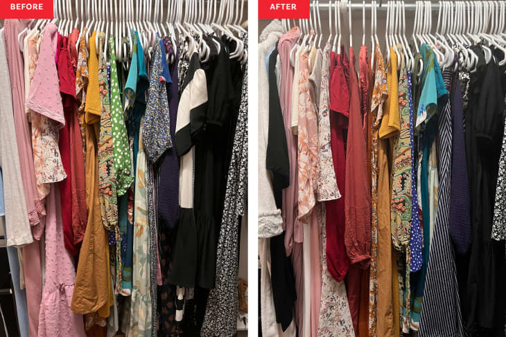 Clothing rack in closet with lots of hanging clothes before and after color analysis