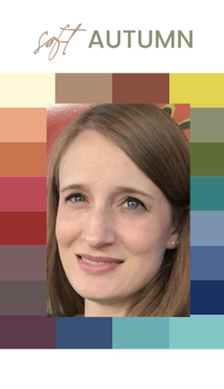 Photo of woman with "soft autumn" color analysis. Different colored blocks around her face