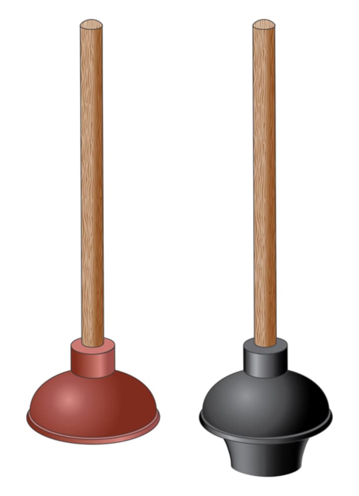 An illustration of two types of plungers: a cup plunger and a flanged plunger.