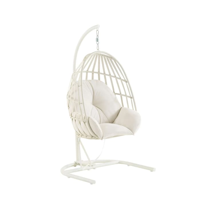 Mainstays Wicker Outdoor Patio Hanging Egg Chair with Cushion and Metal Stand, White at Walmart