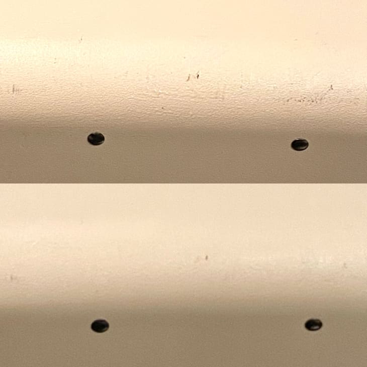 Before-and-after of Quince carry-on with and without scuff marks.