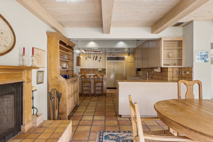 Open kitchen with terra cotta tile floors at Angela Lansbury's L.A home.