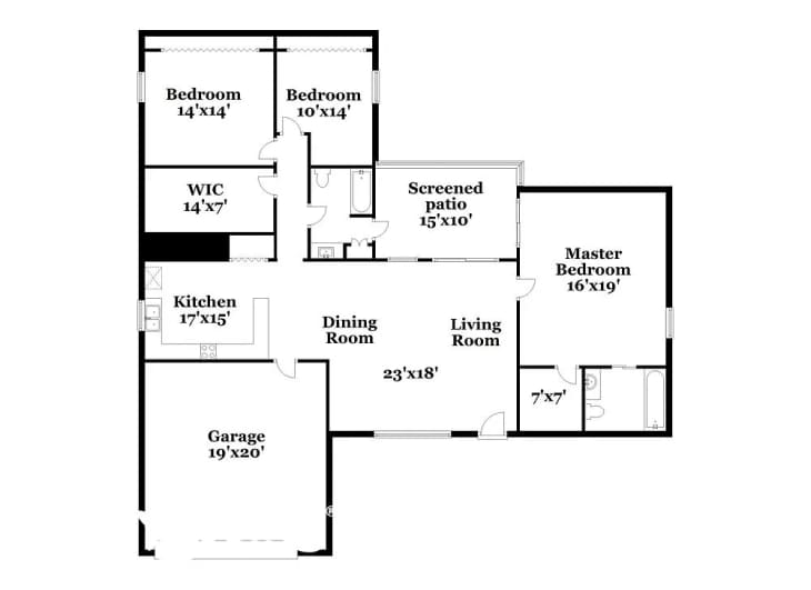 Floor plan of a home with a split bedroom.