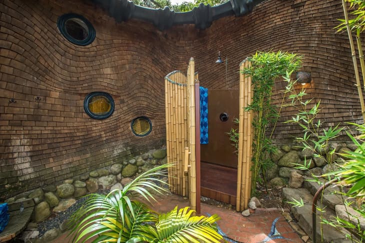 Outdoor shower of Santa Barbara whale house.