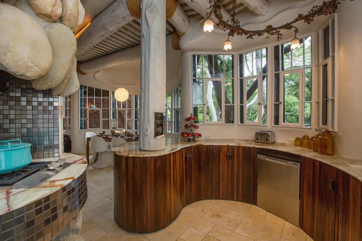 Curved countertop in kitchen of Santa Barbara whale house.