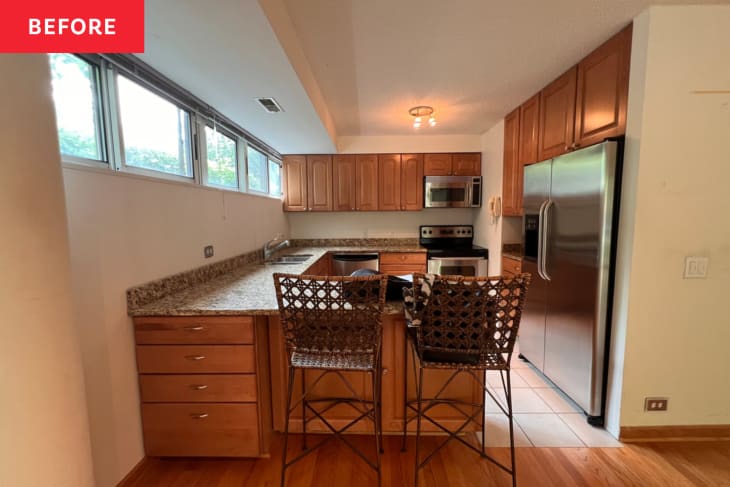 brown cabinets and brown speckled countertop