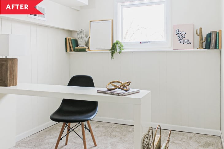 After: Bright office area with white walls, white desk, and black chair