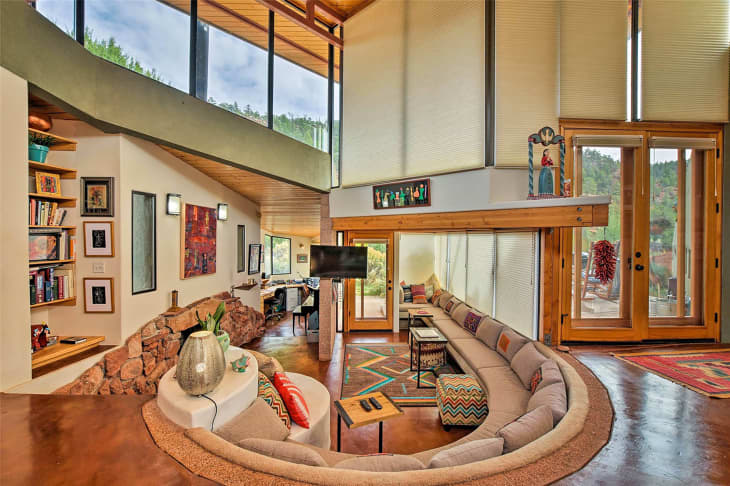 Conversation pit in living room of New Mexico home.