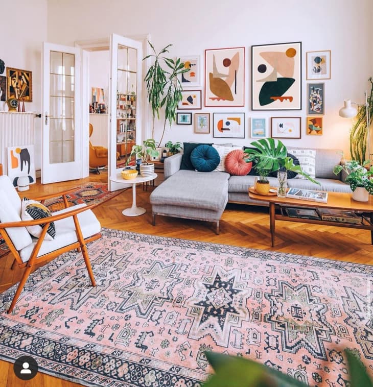 boho living room with patterned rug