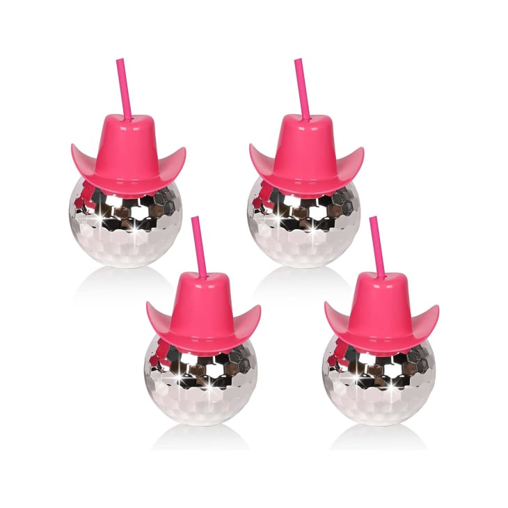 Product Image: Disco Ball Pink Cowgirl Hat Cups with Straws (4-Pack)