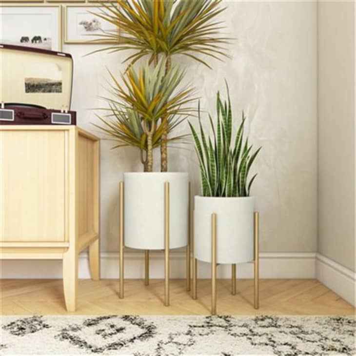 Set of mid-century modern beige planters with gold stands