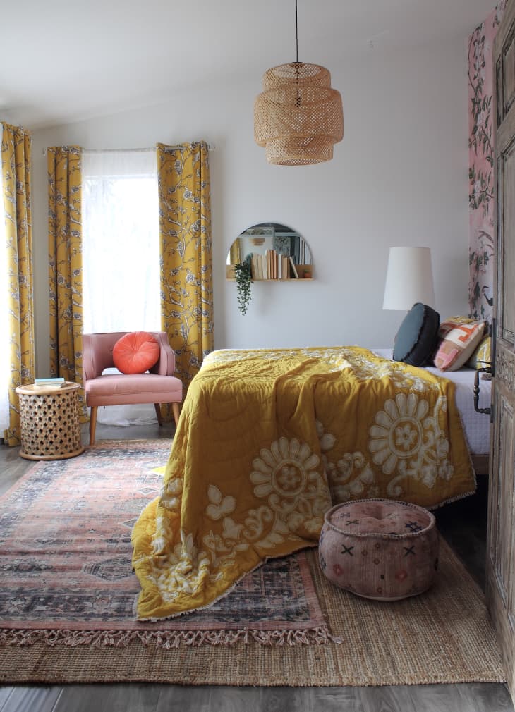 Bedroom with mustard duvet