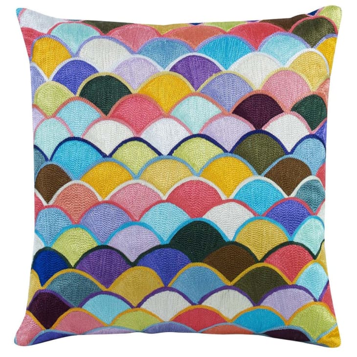 Kravet hand-embroidered pillow with multicolor scallop design